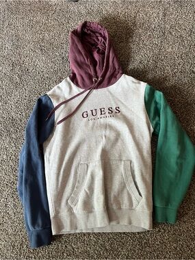 GUESS Colorblock Hoodie in Cream with Burgundy, Navy & Green